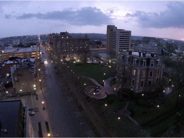 Gorgeous drone photo of Downtown Jefferson City. Sunset after a thunderstorm