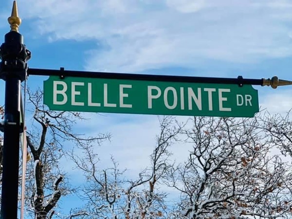 Belle Pointe street sign in the snow