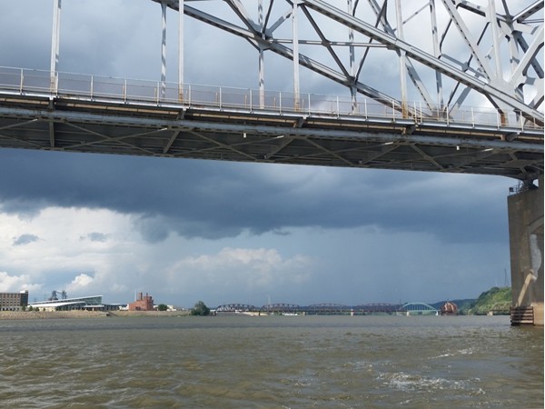 Taking a boat ride on the Mississippi under the Julien Dubuque Bridge