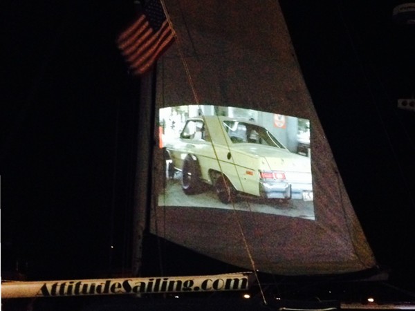 How cool is this!!!  "The Jerk" being shown on the sail of a boat at Bear Point Marina