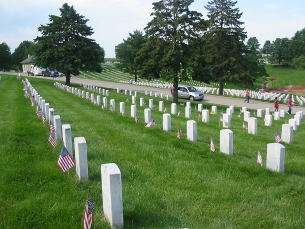 Flags decorate each gravesite on Memorial Day at Leavenworth National Cemetery