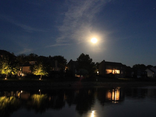 Beautiful full moon above the fishing ponds in Monarch View