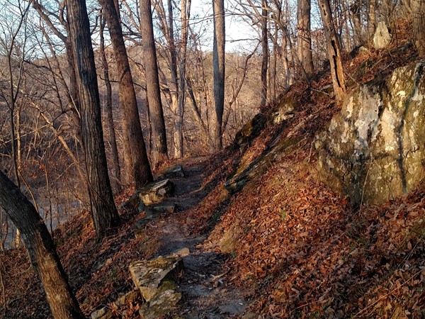 Inclining trail at Pruitt with a winter view of the Buffalo National River
