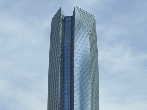 Looking at the Devon Tower from Scissortail Park