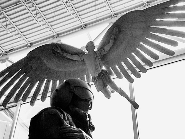 Soldier statue, with Icarus above, grace the entrance to the Army Aviation Museum on Fort Rucker