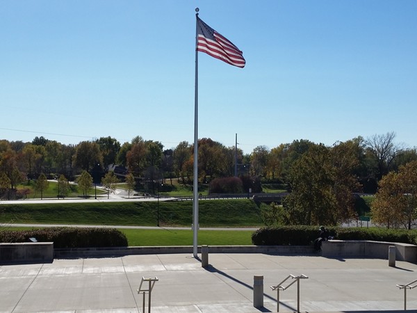 American flag flying in front of the Harry S.Truman Library and Museum