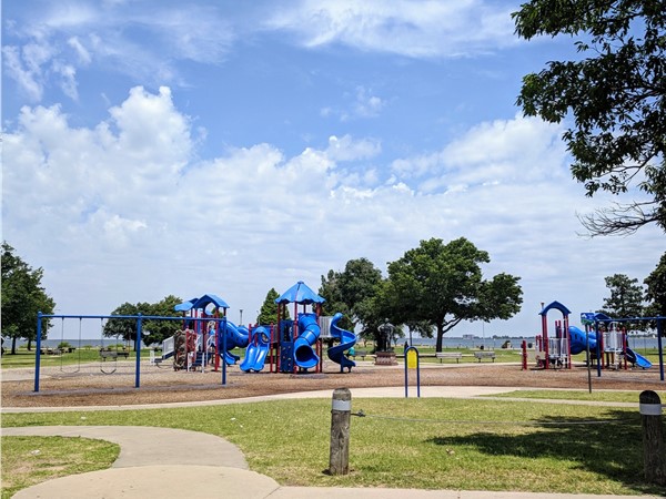 Stars and Stripes Park next to Edgewater is next to Lake Hefner with playgrounds, trails, skate park