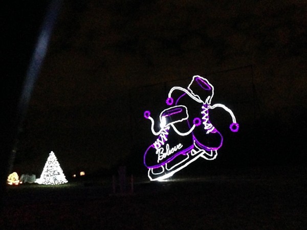 Purple and white skates shine as part of the Longview Lake Park light display