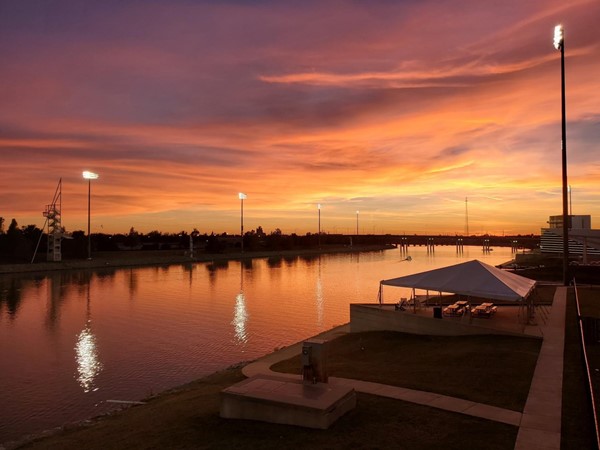 Sunset over the Oklahoma River at the Boathouse District in Oklahoma City 