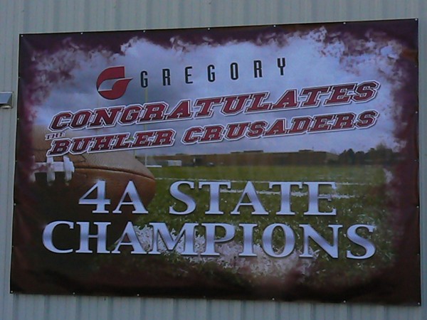 Local business Gregory Inc. congratulates the 2014 Class 4A State Football Champion Buhler Crusaders