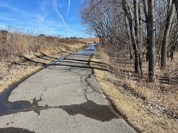 Ice is melting in the springtime at Prairie Lake trails - lots of people out walking on a warm day