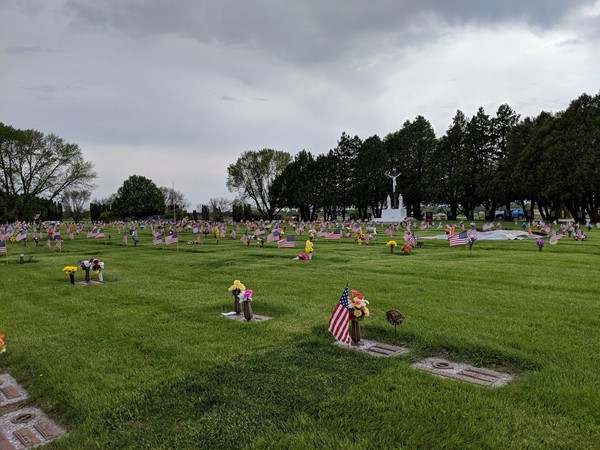 Memorial Day flag decorations at Mt. Olivet Cemetery in Waterloo