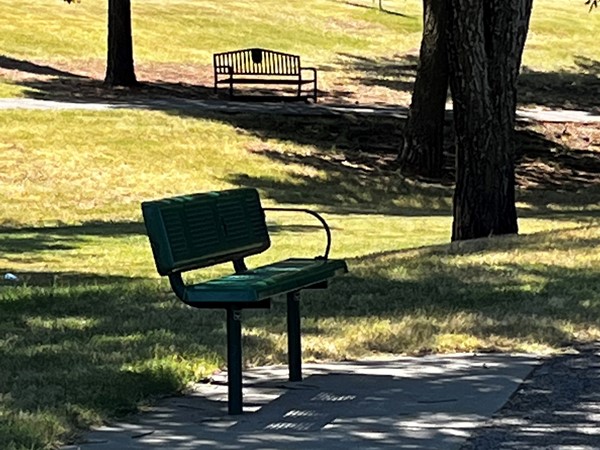 Shaded park bench at Harrah Park