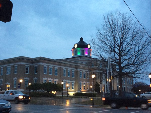 Bastrop's Courthouse, built in 1914, stands beautifully illuminated in the evening 