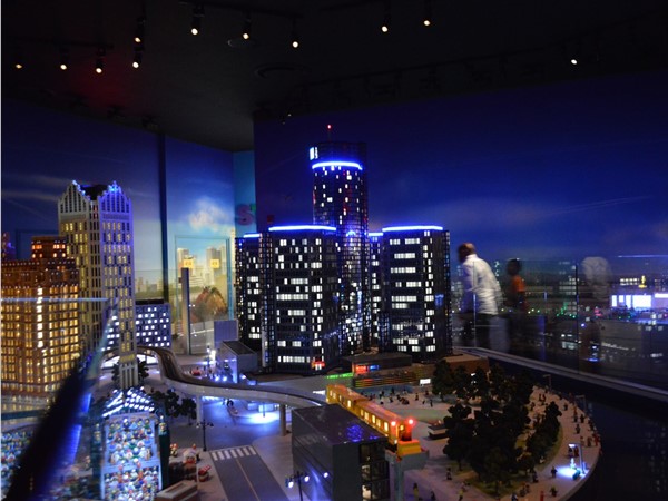 Lego Land at Great Lakes Crossing, the GM building and Detroit bright lights at night 