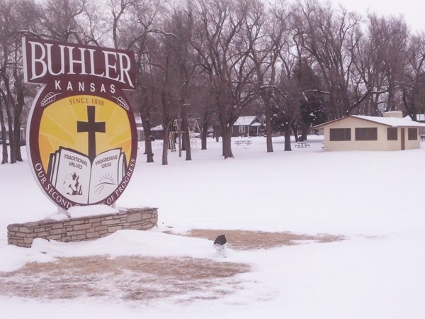 Welcome to Buhler sign located in the Albert Becker Memorial Park