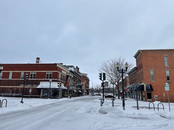 Downtown Cedar Falls under an unexpected March snowfall