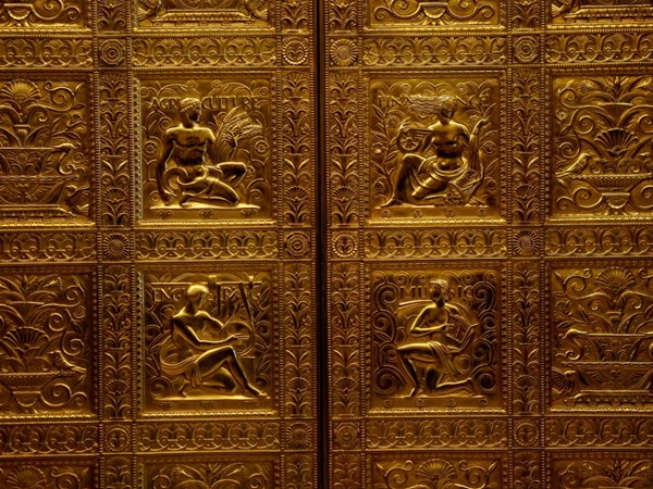 Finely detailed bronze elevator doors inside the Fisher Building