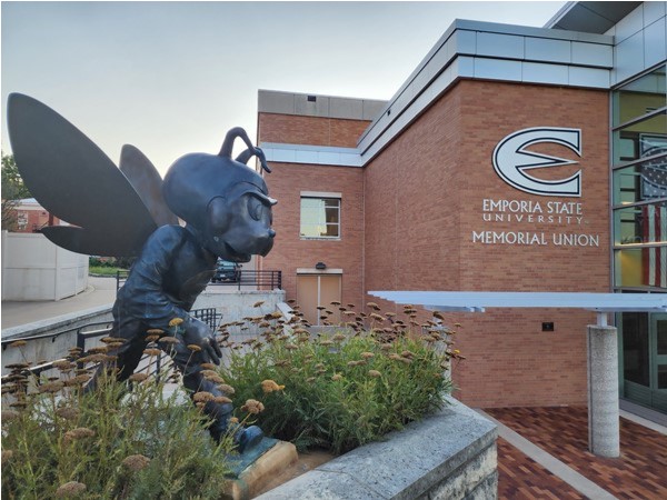 Corky the Hornet statue at ESU in front of the Memorial Union 
