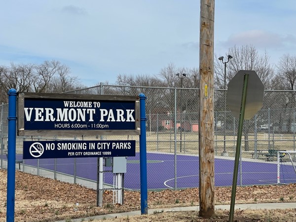 Vermont Park located in Sedalia, Missouri with basketball goals, soccer goals, and playground 