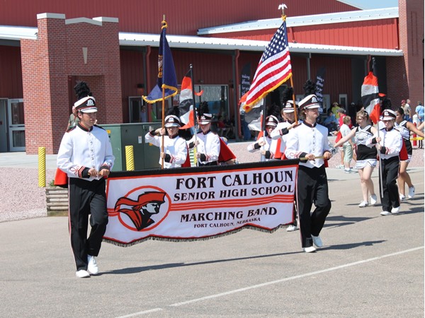 The Fort Calhoun Pioneer High School Marching Band performs at the Nebraska State Fair
