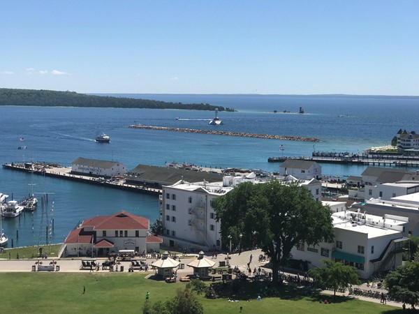 A view of the ferry landing area from on the hill at Fort Mackinac on Mackinac Island