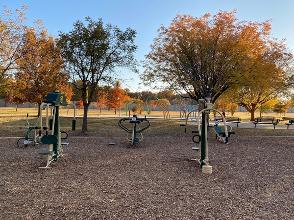 Outdoor workout equipment for mom and dad within easy view of the splash pad 