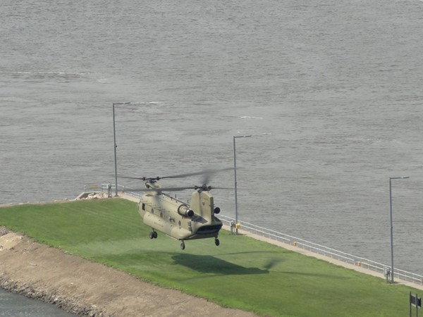CH-47/MH-47 Chinook Helicopter taking off from Lock and Dam No. 11 in Dubuque, Iowa