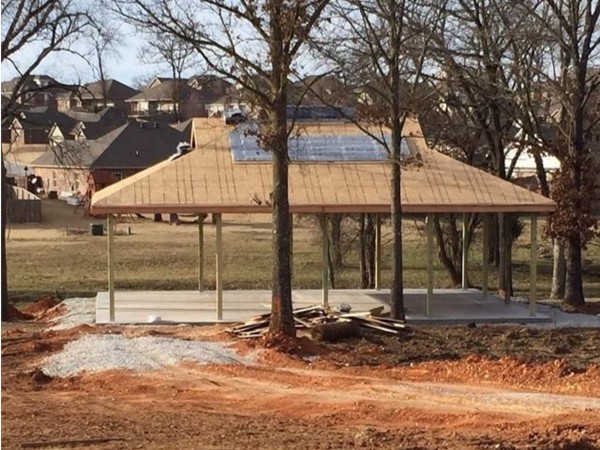 The pavilion by the lake in Centerton is going up! This will be perfect this summer for families