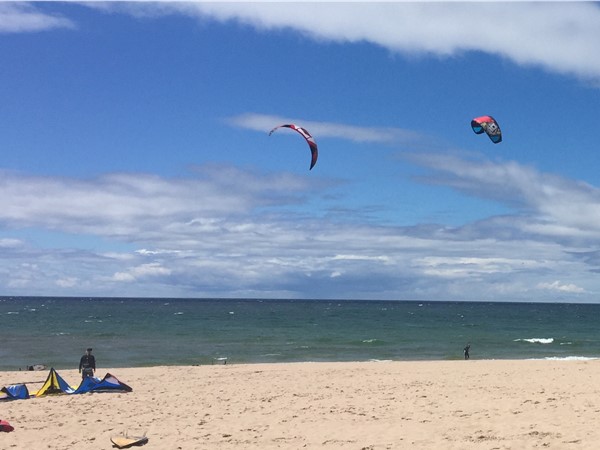 A blustery day perfect for kiteboarders at Frankfort beach