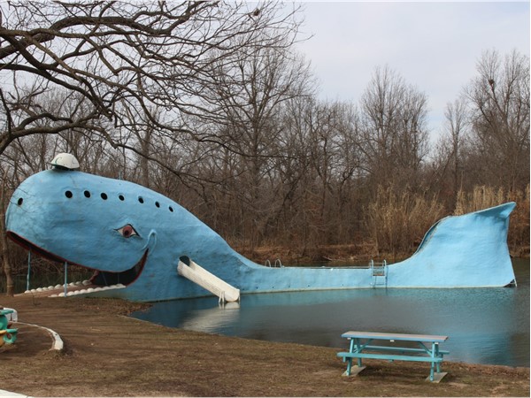 Iconic Blue Whale roadside attraction on historic Route 66 in Catoosa OK