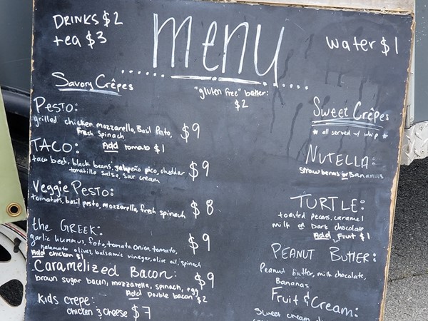 The menu for Crêpe Coop in North Little Rock