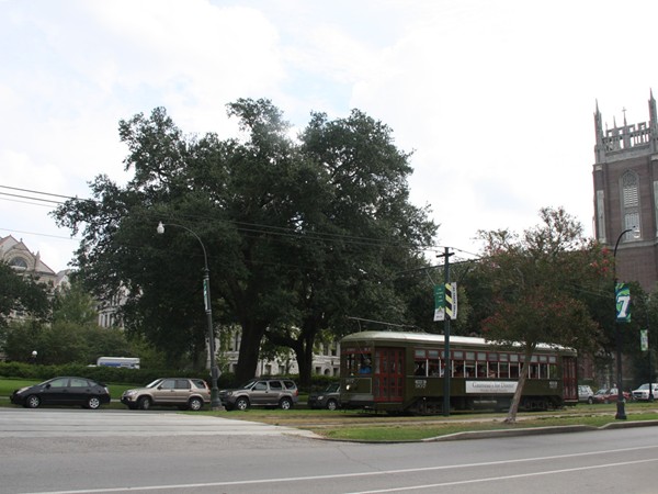 Tulane and Loyola amid the streetcar traffic upon leaving Audubon Park