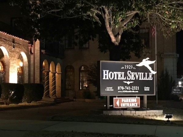 The night glow of the historic 1929 Hotel Seville