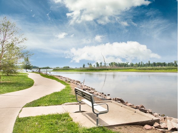 Snyder Bend Lake is an oxbow of the Missouri River. Sit on the bench and watch the fish jump
