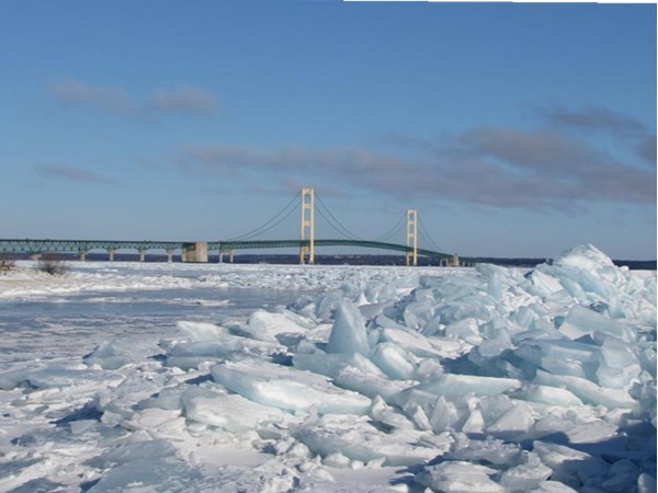 Frozen waters under the Mackinaw Bridge and the view toward St. Ignace 