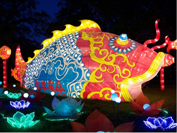 View over 30 bright, silk covered sculptures in the Botanical Gardens at City Park for China Lights