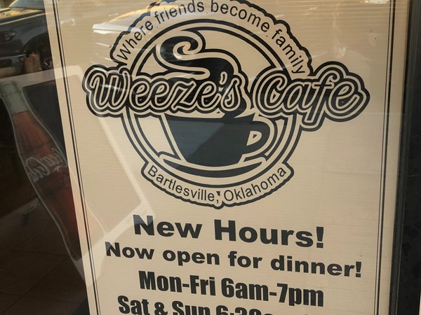 Weeze’s Cafe, best place in Bartlesville for breakfast. They also have lunch and dinner 
