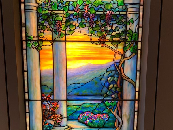Light on a Tiffany stained glass window at Flint Institute of Arts