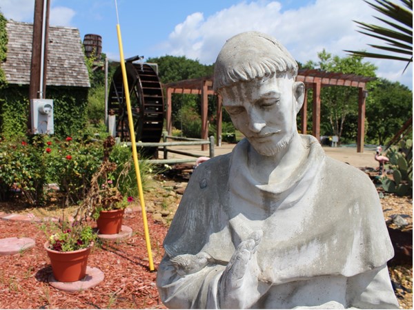 The Thomas Nursery & Feed Pavilion features beautiful views and unique statues
