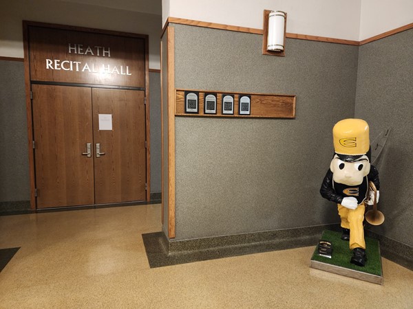 Heath Recital Hall and Corky in Beach Hall on Emporia State Campus. 