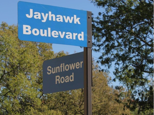 The intersection of Jayhawk Boulevard & Sunflower Road on the KU campus