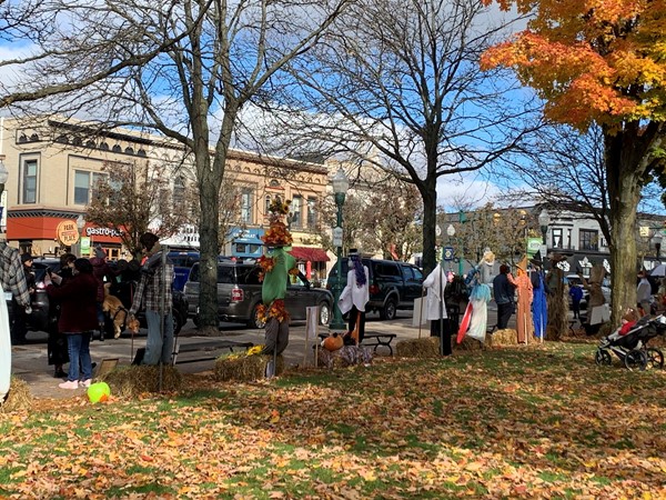 Scarecrows on display for Halloween in Downtown Plymouth