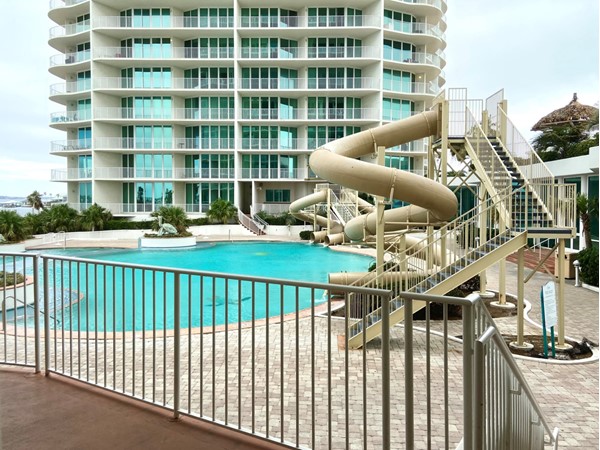 A couple of the slides and one of the many outdoor pools at Caribe 