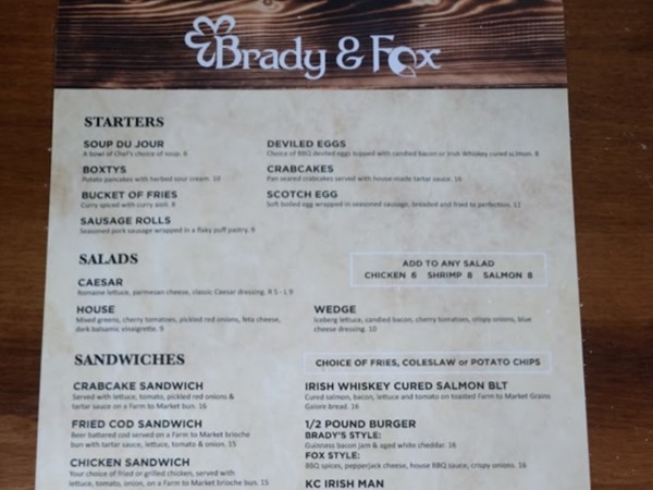 Brady & Fox menu selections are not your typical bar fare 