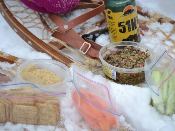 Lunch break during a Hogs Back Mountain snowshoe hike