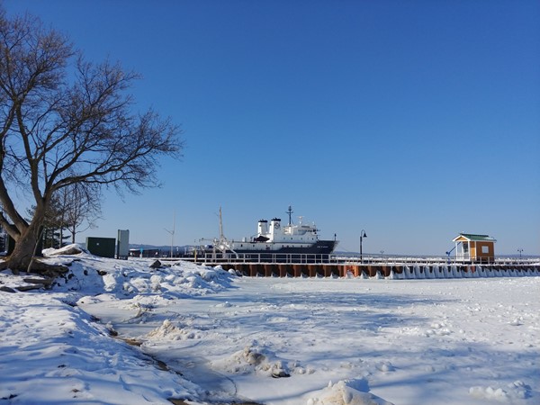 The "State of Michigan" is the Maritime Academy's teaching ship on West Bay