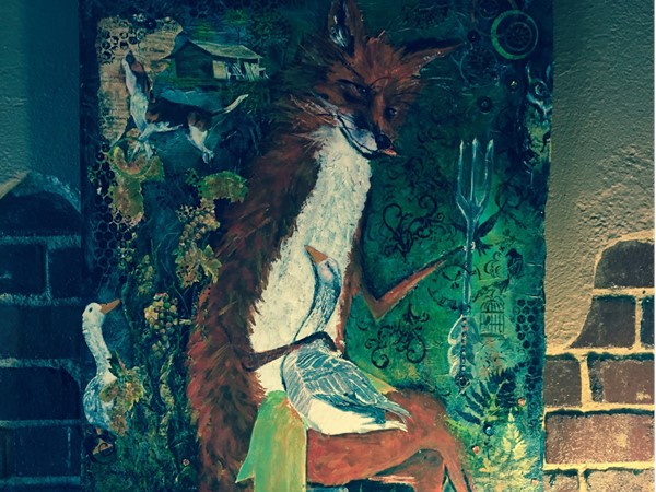 Love this artwork by Sue Kinsey, local artist.  Painted for "The Fox & Fork" restaurant