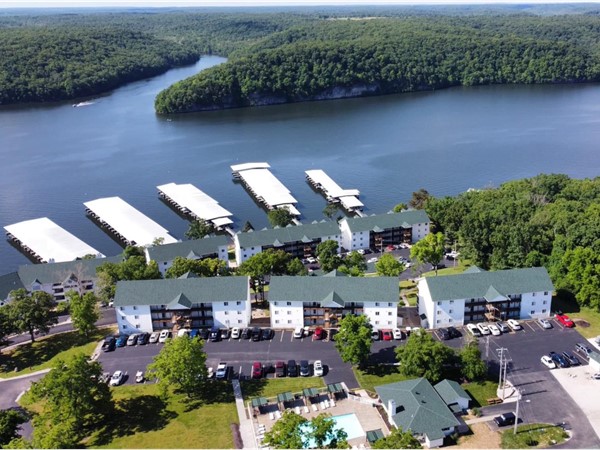 Aerial view of Park Place on the Lake located in the state park at the Lake of the Ozarks