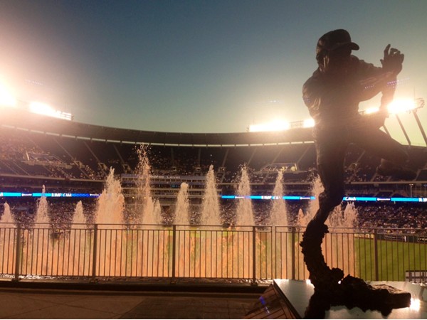 Baseball sculpture and fountains at Kauffman Stadium